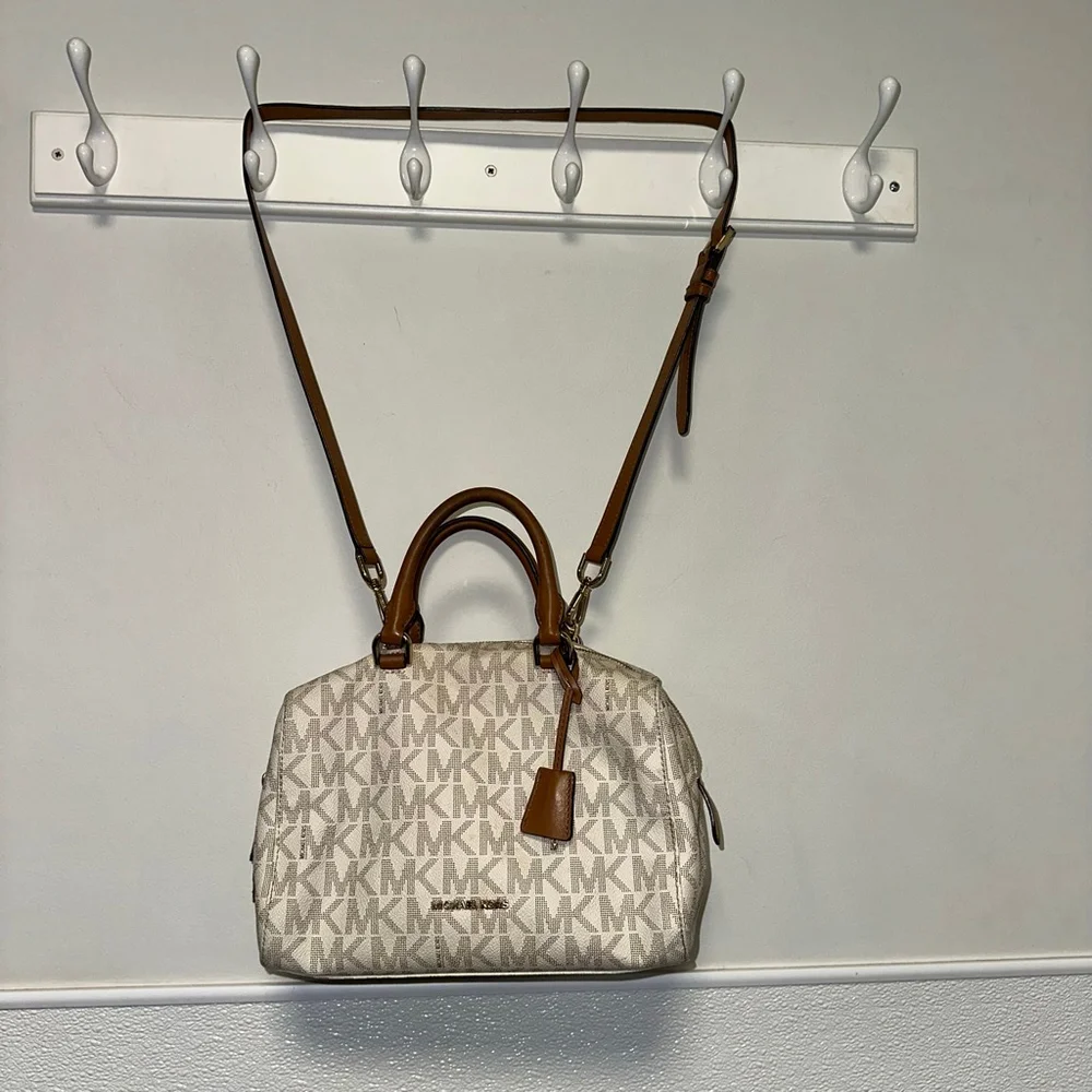 Michael Kors Monogram Kirby Satchel Bag Beige/Brown Vanilla/Acorn MK Logo Purse